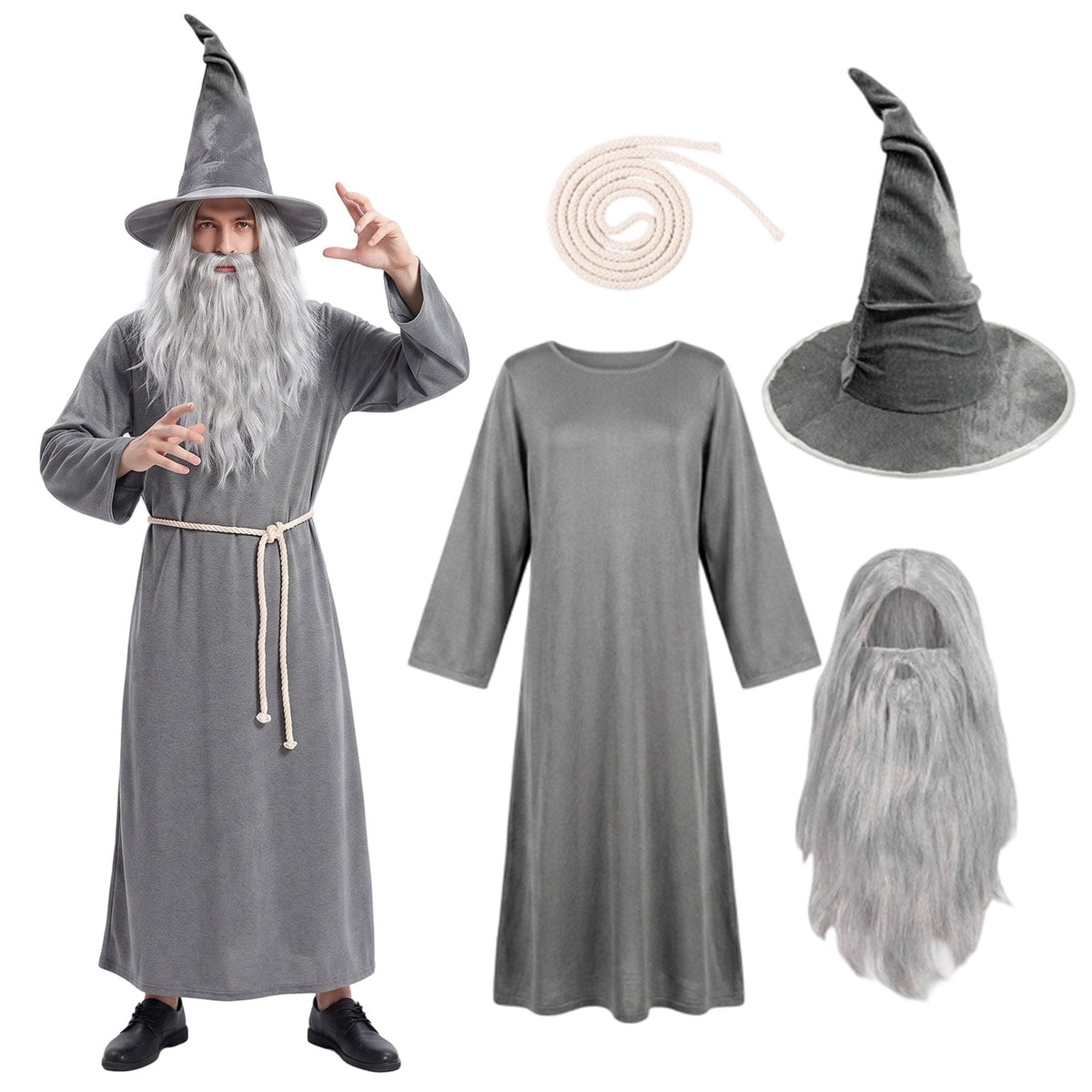 Forfamy Grey Wizard 4-Piece Costume — Robe, Hat, Beard and Belt