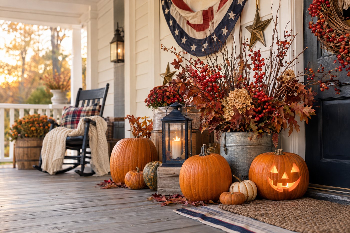 Pumpkins, lanterns and stars-and-stripes bunting on an autumn porch