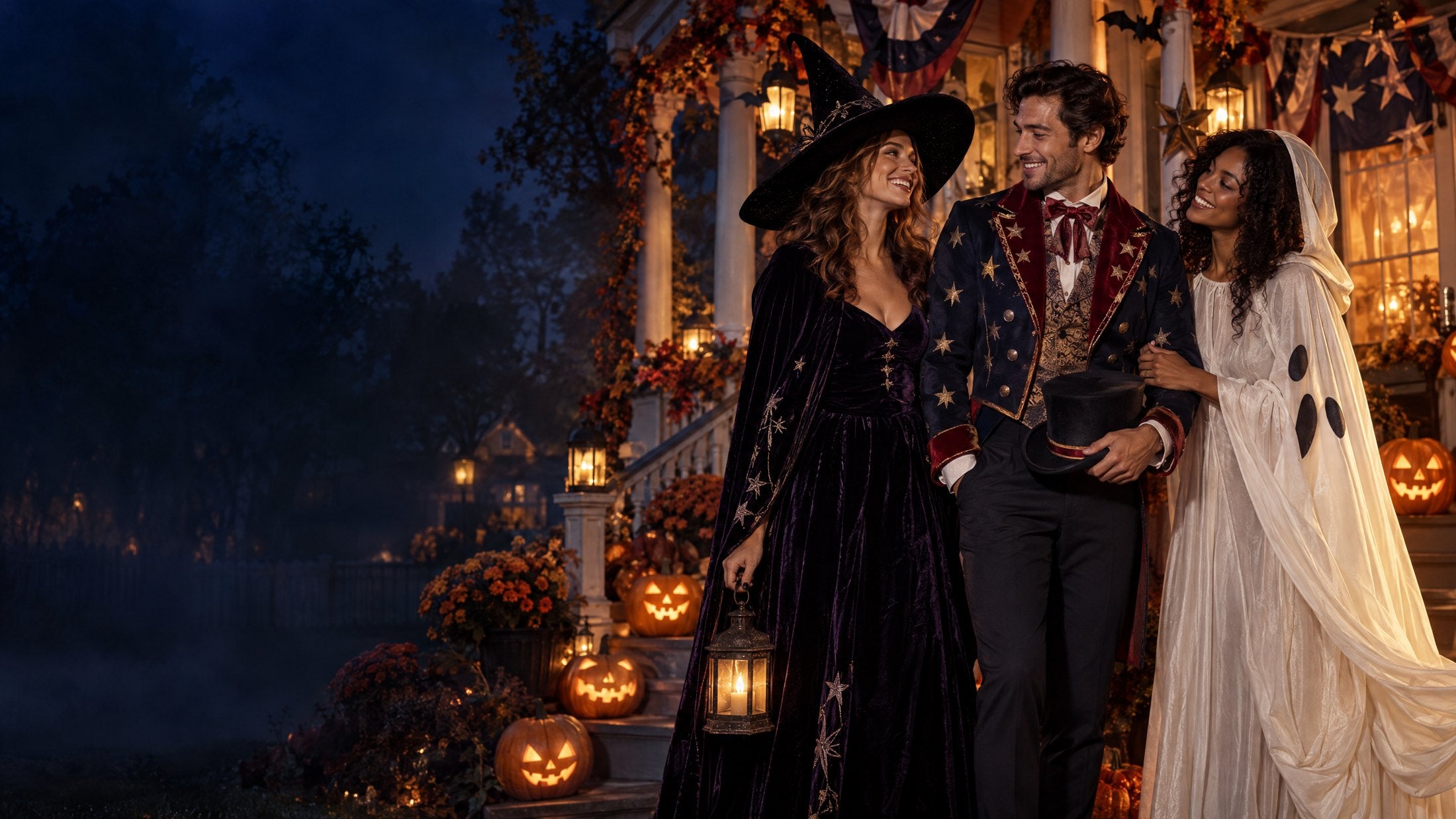Friends in Halloween costumes on a glowing pumpkin-lit American porch